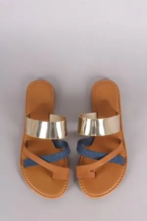 Bamboo Metallic Denim Strappy Toe Ring Flat Slip On Sandal