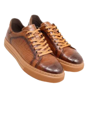 Barabas Serpent Flash Men's Cognac Lace-Up Casual Sneakers Genuine Leather