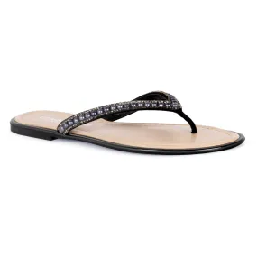 Beaded Strap Thong Flats in Black