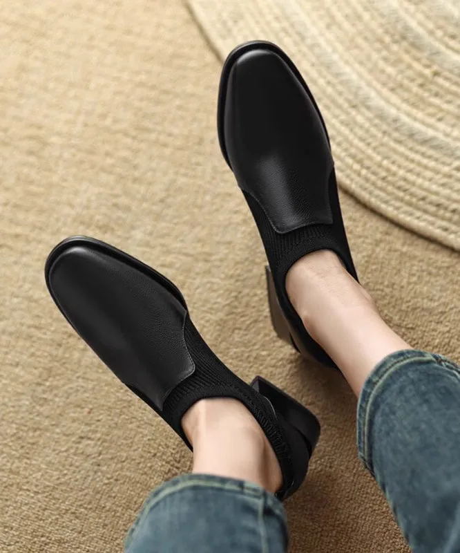 Black Splicing Chunky Heel Cowhide Leather Penny Loafers AP1005