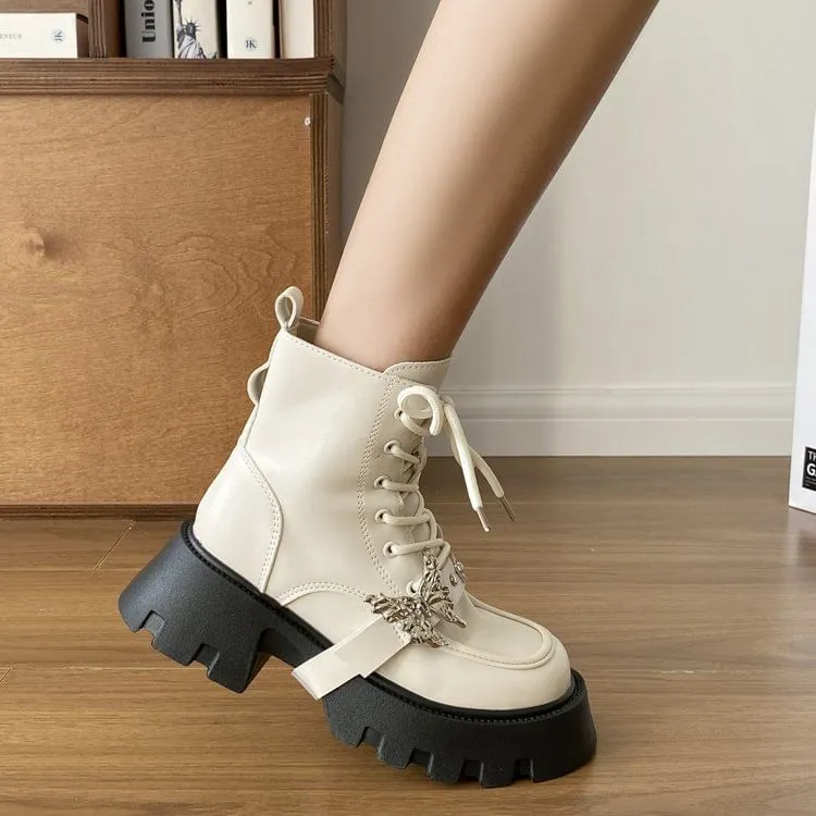 Butterfly Accent Lace-Up Platform Short Boots