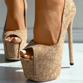 Cork Pattern Peep Toe Heels