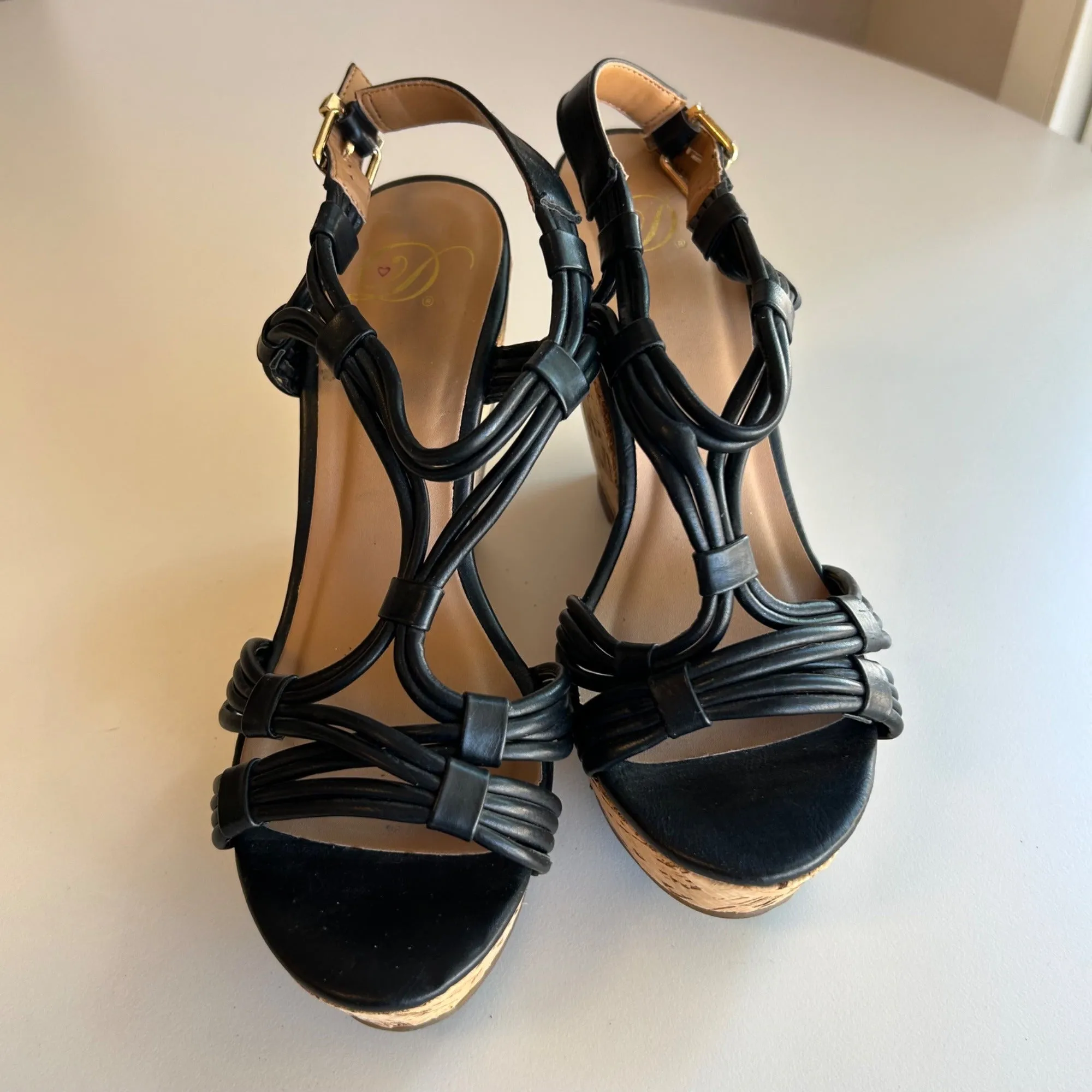 Delicious Black Cork Wedge Sandals With Strappy Design & Buckle Closure