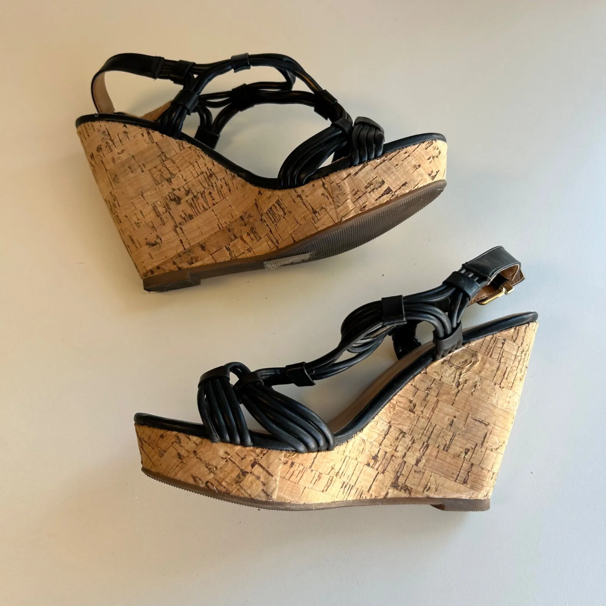 Delicious Black Cork Wedge Sandals With Strappy Design & Buckle Closure