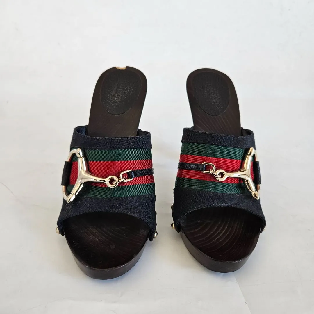 Gucci Black GG Canvas Icon Bit Web Clog Sandals, 7.5