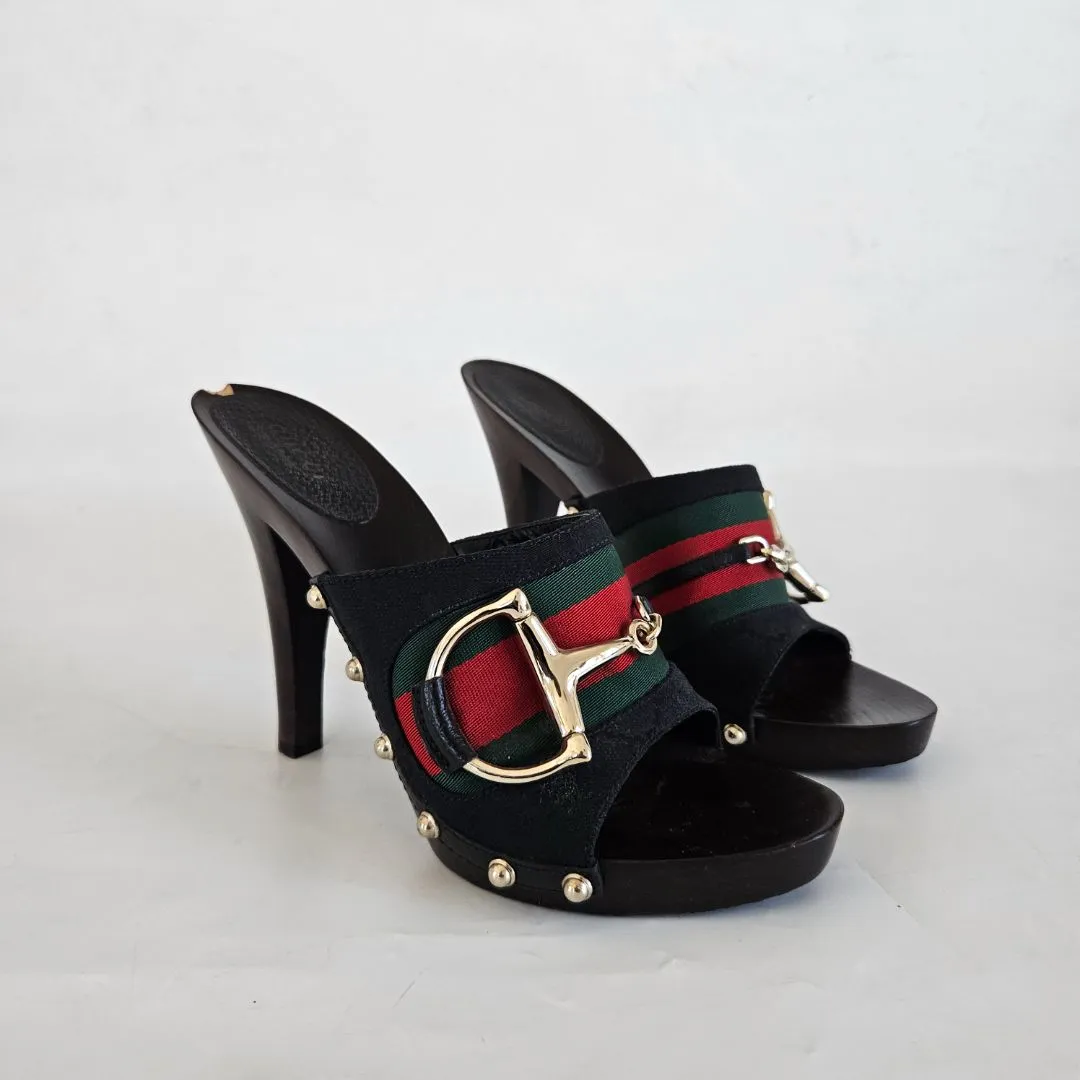 Gucci Black GG Canvas Icon Bit Web Clog Sandals, 7.5