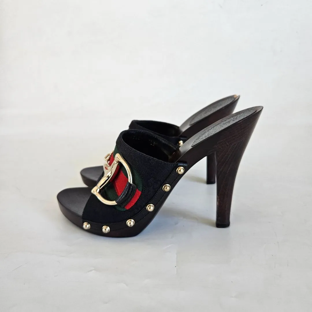 Gucci Black GG Canvas Icon Bit Web Clog Sandals, 7.5