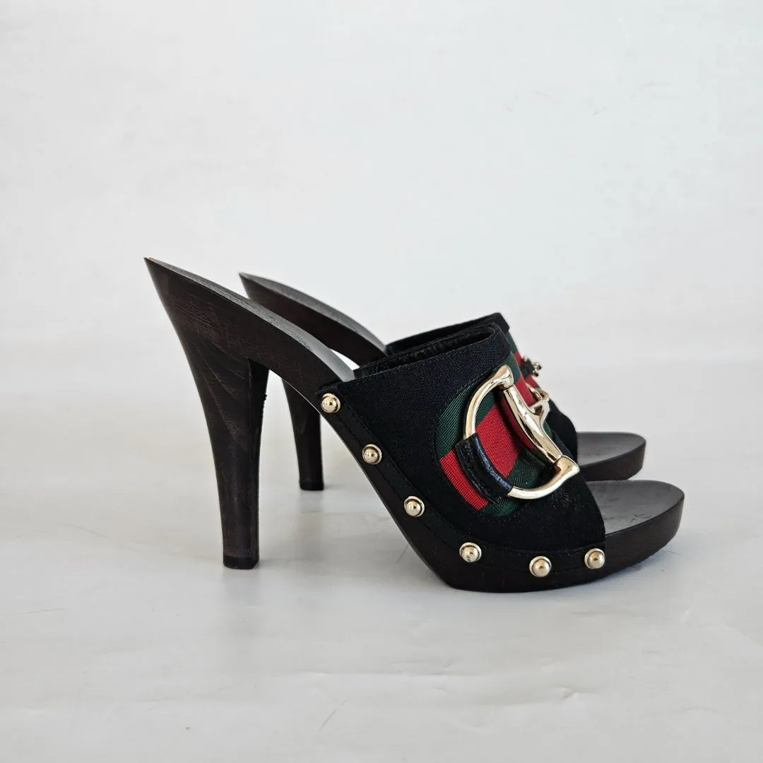 Gucci Black GG Canvas Icon Bit Web Clog Sandals, 7.5