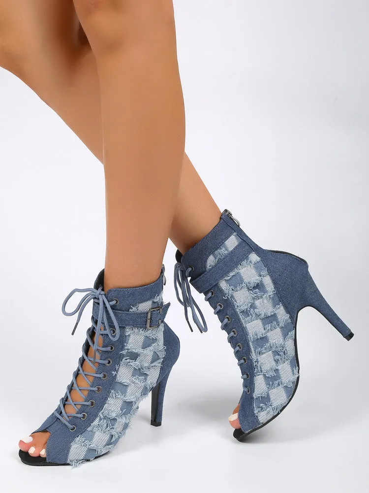 Hollow Out Lace-up Denim Boots