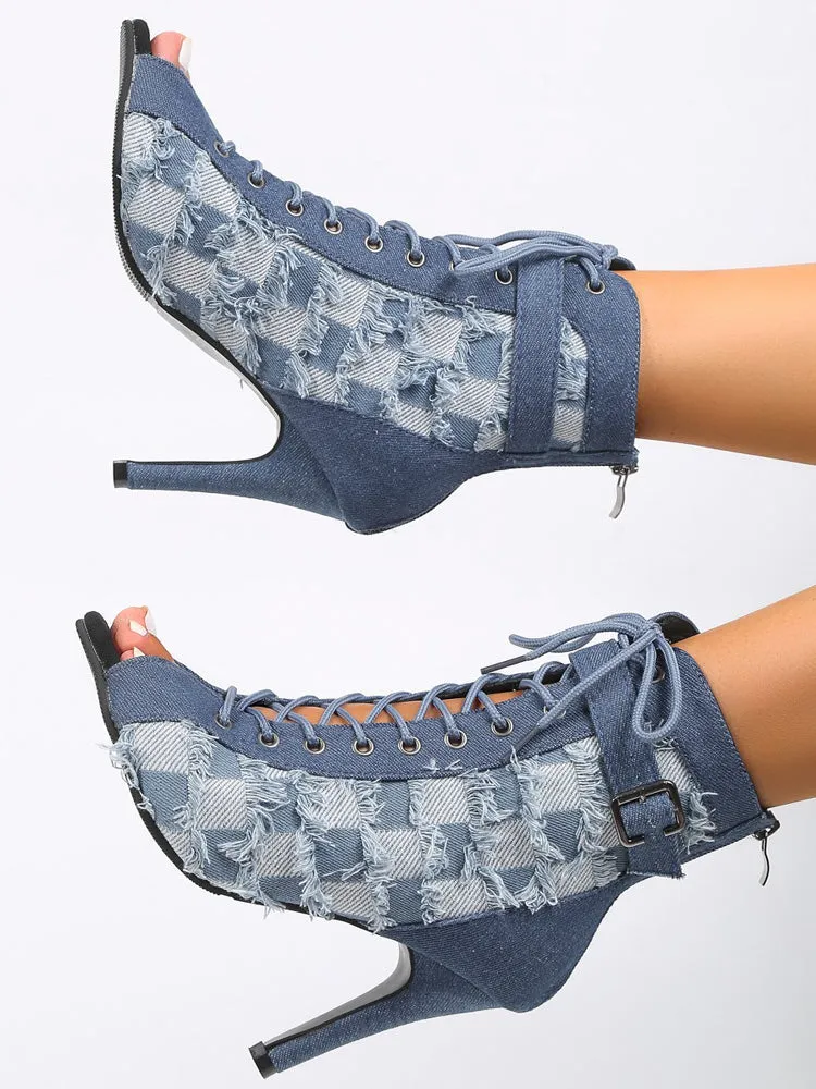 Hollow Out Lace-up Denim Boots