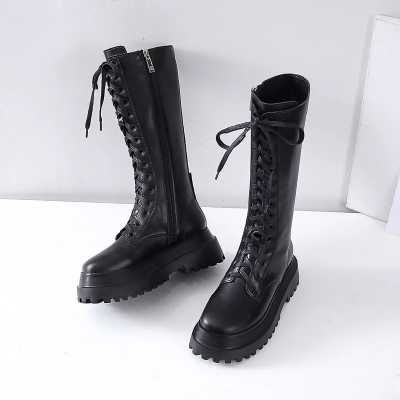 Leather Platform Boots Women Autumn Thick Heels Knee High Booties