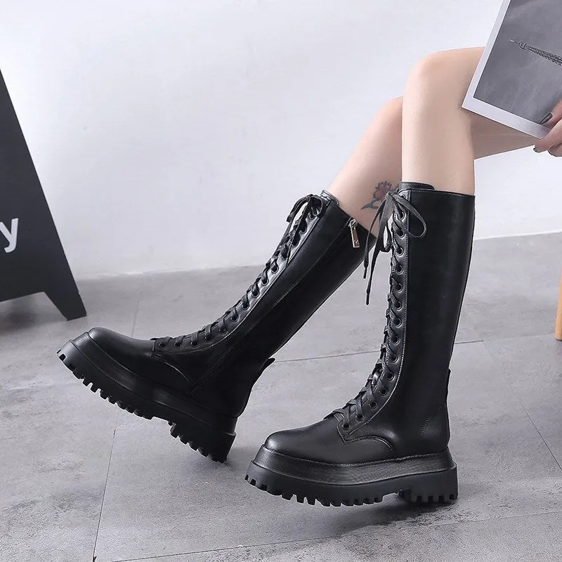 Leather Platform Boots Women Autumn Thick Heels Knee High Booties