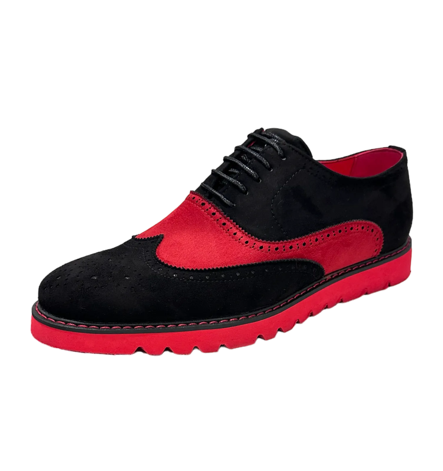 Men's red and black suede tow-tone wingtip casual shoes