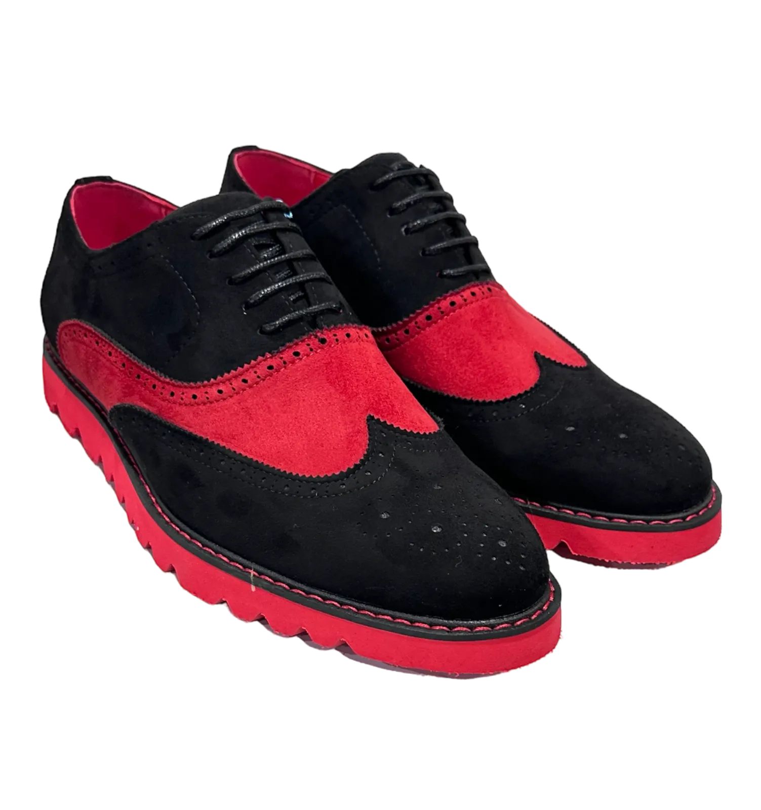 Men's red and black suede tow-tone wingtip casual shoes