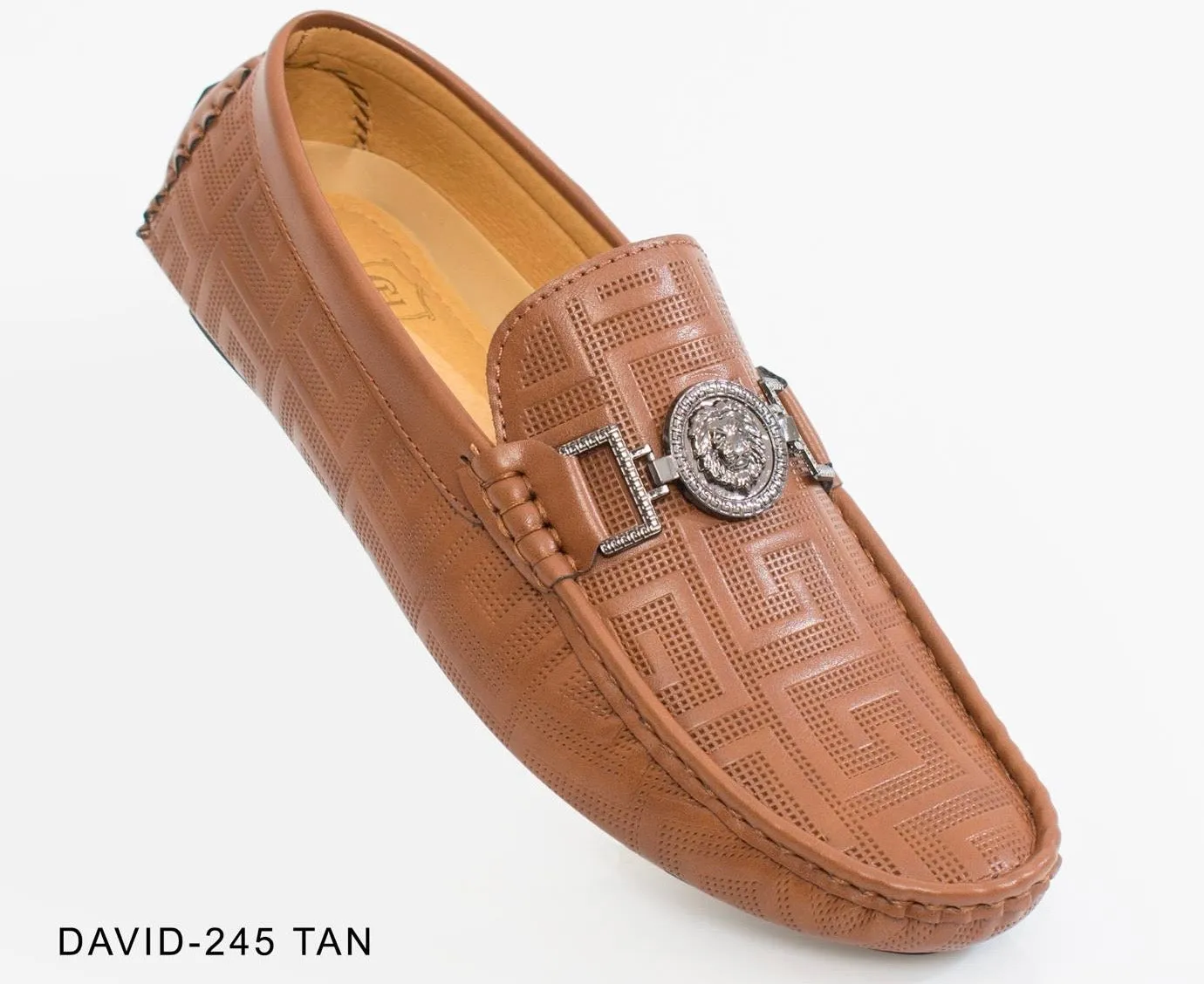 Men's Tan Fashion Design Cognac Loafer Slip-on Greek Key Printed Driver Sliver Buckle