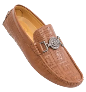 Men's Tan Fashion Design Cognac Loafer Slip-on Greek Key Printed Driver Sliver Buckle