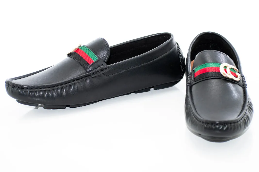 Royal shoes men's black loafer slip-on driver red and green strip with gold buckle