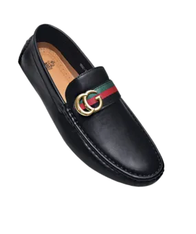 Royal shoes men's black loafer slip-on driver red and green strip with gold buckle