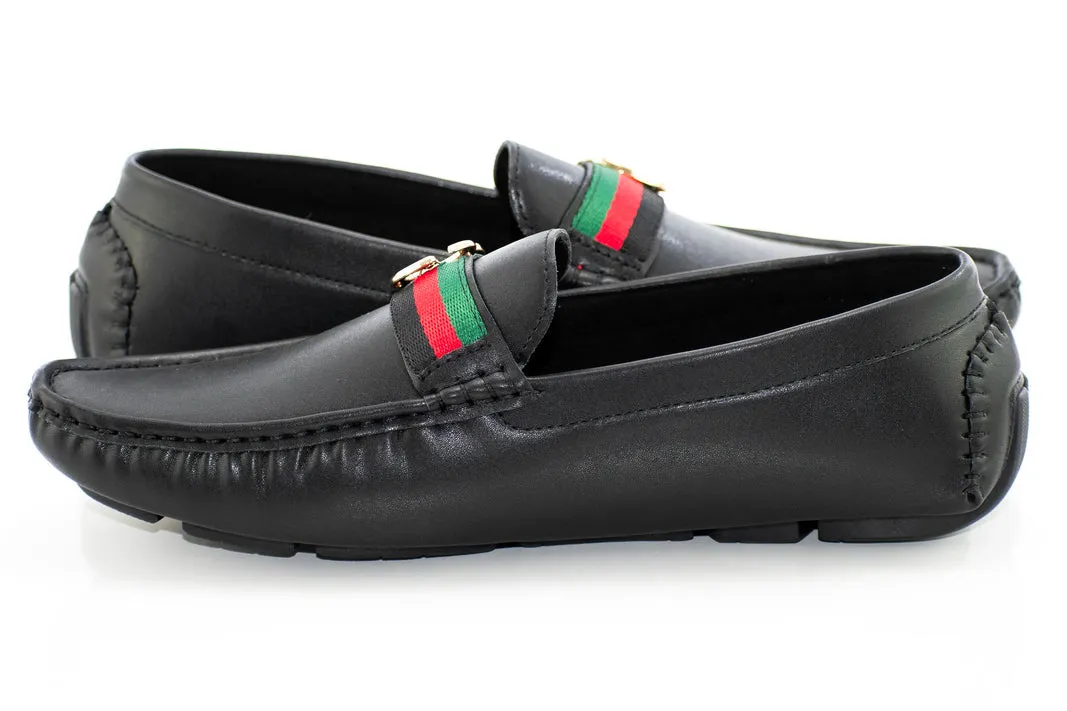 Royal shoes men's black loafer slip-on driver red and green strip with gold buckle