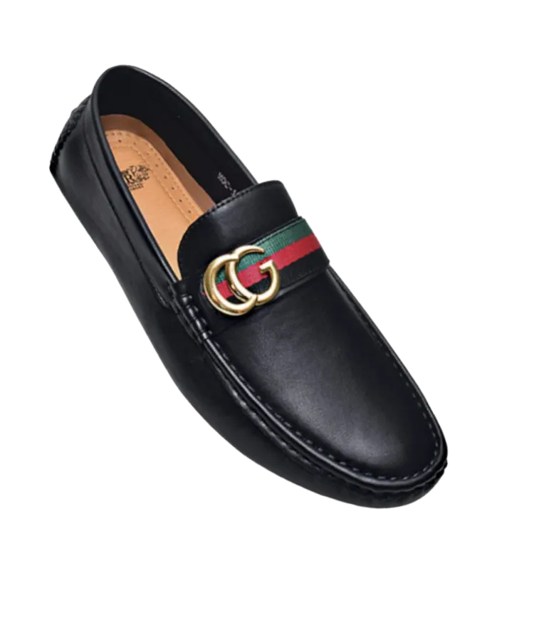 Royal shoes men's black loafer slip-on driver red and green strip with gold buckle