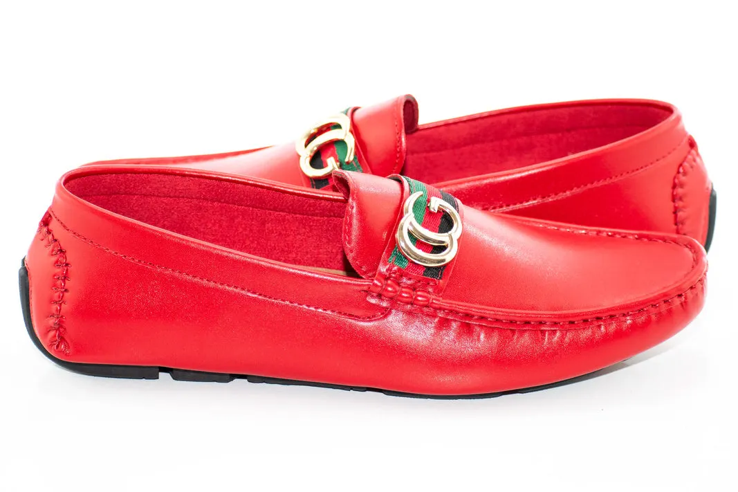 Royal shoes men's red loafer slip-on driver red and green strip with gold buckle