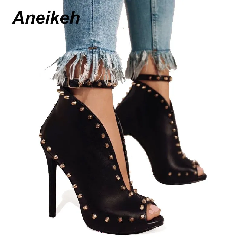 Sexy Peep Toe High Heel Ankle Boots with Rivet Buckle