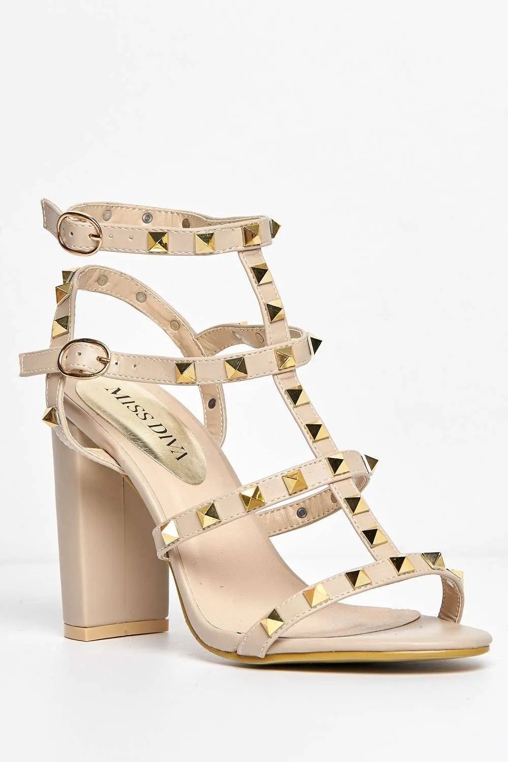 Tessa Studded Strappy High Block Heel Sandal in Nude Matt