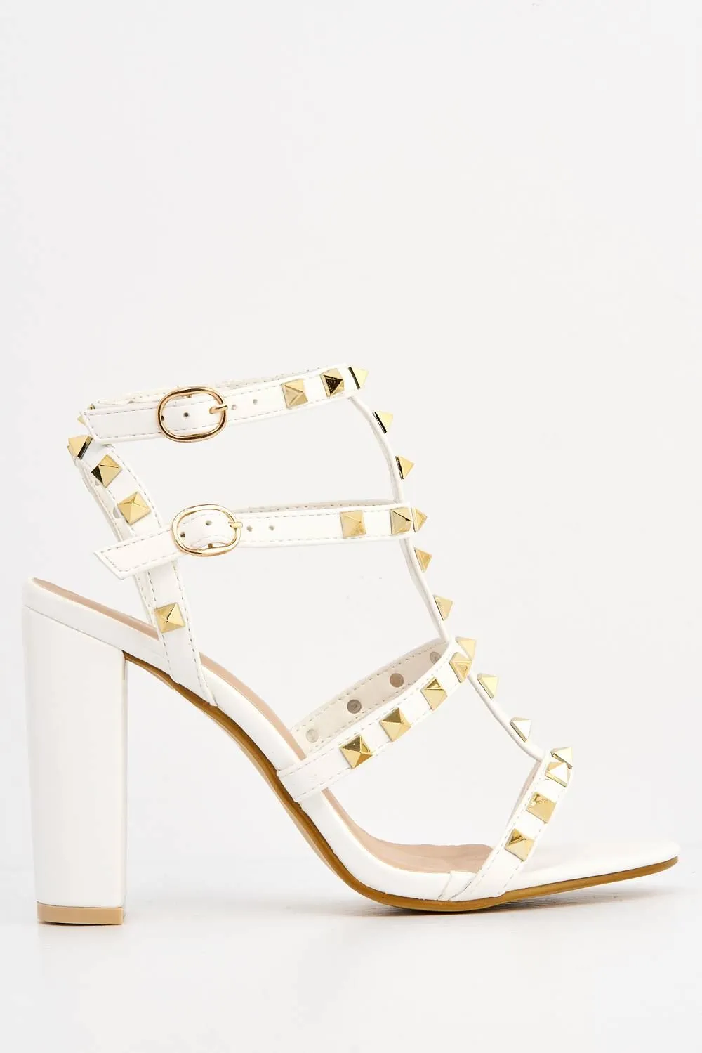 Tessa Studded Strappy High Block Heel Sandal in White