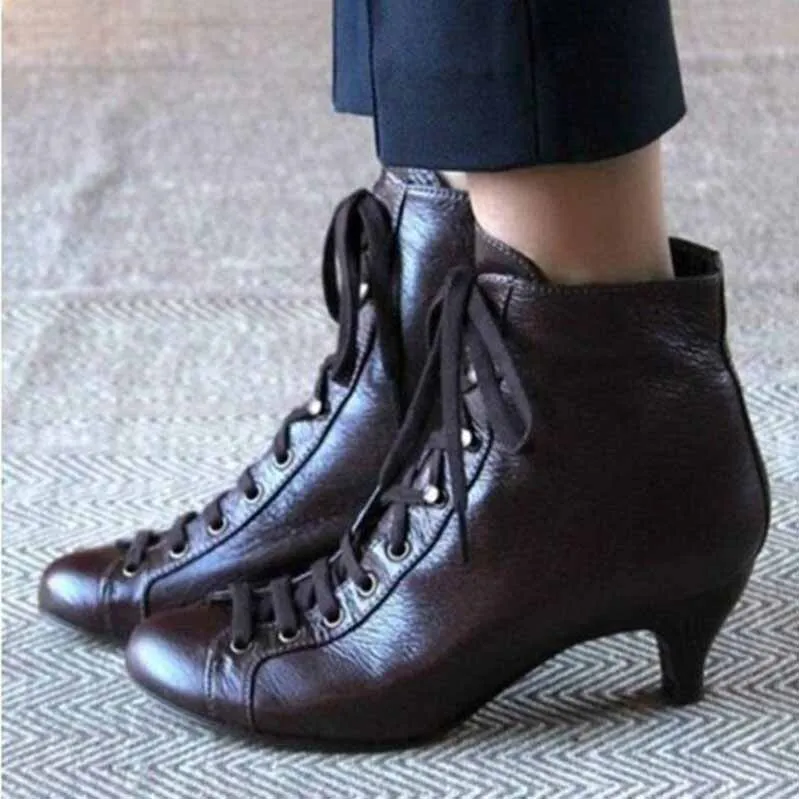 Women Lace up Short Boots Wedding Ankle Low Heeled Boots White Black