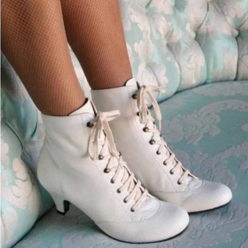 Women Lace up Short Boots Wedding Ankle Low Heeled Boots White Black